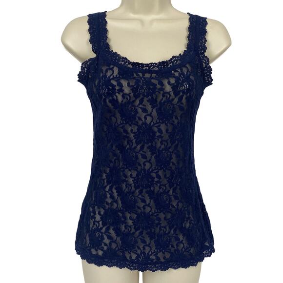 Vtg Hanky Panky Tank Top Women Small Navy Blue Lace Floral Sheer Stretch USA Y2K - Picture 1 of 13
